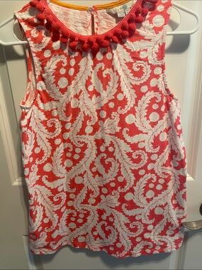 Boden Coral Pink and White Pom-Trim Sleeveless Tank
